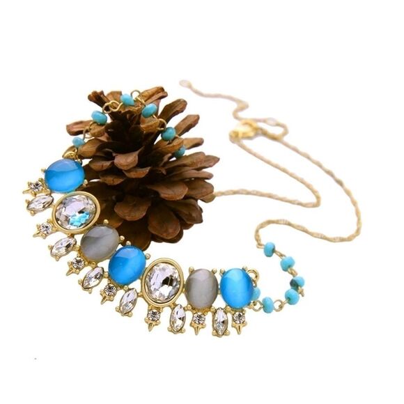 Blue Crystal & Rhinestone Beaded Vintage Gold Statement Collar Necklace - Picture 5 of 8